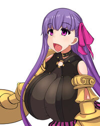  bare_shoulders belt_collar bodysuit bow breasts claws collar commentary_request curvy fate/extra fate/extra_ccc fate/grand_order fate_(series) female hair_ribbon hairbow highres huge_breasts isemagu long_hair o-ring o-ring_top open_mouth passionlip_(fate) pink_eyes purple_hair ribbon smile solo thighs very_long_hair 