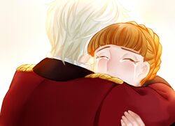  1boy aldnoah.zero bad_id bad_pixiv_id braid brown_hair closed_eyes crying eddelrittuo epaulettes female hug jacket jowell_she photoshop_(medium) slaine_troyard 