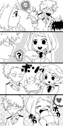  2boys ? bad_id bad_pixiv_id bakugou_katsuki blush_stickers boku_no_hero_academia cook female food greyscale heart highres midoriya_izuku monochrome multiple_boys partially_translated school_uniform translation_request u.a._school_uniform uniform uraraka_ochako yagiushi_(sinnpatilove) 