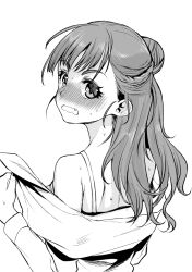  bare_shoulders blush commentary_request embarrassed female greyscale hair_bun idolmaster idolmaster_cinderella_girls kamiya_nao katase_minami long_hair looking_at_viewer looking_back monochrome oerba_yun_fang off_shoulder open_mouth solo sweat thick_eyebrows undressing upper_body wavy_mouth 