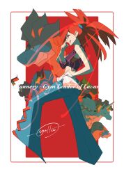  :d absurdres arcanine belt border camerupt cccacademia commentary_request eyelashes female flannery_(pokemon) hand_on_own_hip hand_up highres long_hair magcargo magmortar mega_camerupt open_mouth pants pokemon pokemon_(creature) pokemon_oras ponytail rapidash red_background red_eyes red_hair shirt signature smile teeth tied_shirt torkoal upper_teeth_only white_belt white_border 