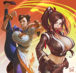 2girls artist_name black_gloves black_jacket black_jumpsuit black_pants bracelet breast_zipper breasts brown_eyes brown_hair china_dress chinese_clothes chun-li cleavage coat commentary_request copyright_name crop_top cropped_jacket double_bun dress fatal_fury fatal_fury:_city_of_the_wolves fighting_stance flexible folded_fan folding_fan girl_power gloves hair_bun hand_fan high_ponytail highres holding holding_fan jacket jewelry jumpsuit large_breasts leather leather_pants leg_hold long_hair looking_at_viewer multiple_girls no_bra official_alternate_costume pants pelvic_curtain ponytail print_jacket shiranui_mai short_hair simple_background snk spandex street_fighter street_fighter_6 thick_thighs thighs tomo_eokaiteru yoga_pants 