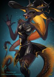  anthro clothing dress elemental_creature female glowing hair hat headgear headwear horn latex latex_clothing lava lava_creature long_ears long_hair long_horn long_tail mineral_fauna pinup pompeii_(timberwolfl) pose scales solo spikes stirren tail tongue tongue_out witch_costume witch_hat 