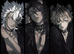  3boys animal_ears black_background black_shirt blue_eyes braid brown_hair green_eyes highres hyena_boy hyena_ears jack_howl leona_kingscholar lion_boy lion_ears long_hair looking_at_viewer male_focus multiple_boys plunging_neckline redrabbit44 ruggie_bucchi scar scar_across_eye shirt short_hair simple_background slit_pupils twin_braids twisted_wonderland upper_body white_hair wolf_boy wolf_ears yellow_eyes 