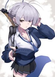  absurdres backpack bag black_skirt black_thighhighs blue_cardigan blue_necktie breasts cardigan collared_shirt erory6_(ro) female grey_eyes grey_hair grey_halo hair_ornament hair_stick halo highres itokonoue_kaoru large_breasts long_sleeves looking_at_viewer necktie pleated_skirt project_kv school_uniform shirt short_hair skirt solo standing thighhighs white_shirt zettai_ryouiki 