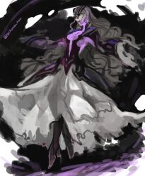  black_dress bone dress facial_mark female fire_emblem fire_emblem_heroes grey_hair hel_(fire_emblem) long_hair long_sleeves see-through_body skeleton suikomu_now translucent very_long_hair 