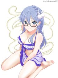  22/7 artist_name bikini black-framed_eyewear blue_bikini blue_eyes blue_hair blush bow braid breasts cleavage closed_mouth collarbone diagonal-striped_bow female frilled_bikini frills from_above full_body hair_between_eyes hair_ornament hairbow halterneck highres light_blue_hair long_hair looking_at_viewer looking_up maruyama_akane nanairo_(nanairo227) navel pom_pom_(clothes) pom_pom_hair_ornament rectangular_eyewear semi-rimless_eyewear single_braid sitting smile solo string_bikini striped_bikini striped_clothes swimsuit under-rim_eyewear wariza white_background 