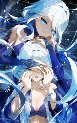  2girls ahoge alternate_costume bare_shoulders black_background blue_bra blue_bridal_gauntlets blue_dress blue_eyes blue_hair blue_pupils bra commentary_request crying dress dress_shirt drop-shaped_pupils focalors_(genshin_impact) furina_(genshin_impact) genshin_impact hair_between_eyes hand_on_another&#039;s_head hand_over_another&#039;s_eyes hands_up heterochromia highres light_blue_hair long_hair looking_at_viewer lower_teeth_only multicolored_hair multiple_girls open_clothes open_mouth open_shirt shirt single_bare_shoulder sleeveless sleeveless_dress smile sora_(garakuta_waltz) streaked_hair symbol-shaped_pupils teeth underwear very_long_hair water_drop white_hair white_shirt 