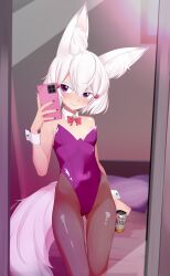  absurdres alternate_costume animal_ear_fluff animal_ears bare_shoulders beer_can black_nails bow bowtie breasts can cellphone chenki_(chenki) collar detached_collar drink_can female fishnet_pantyhose fishnets fox_ears fox_girl fox_tail full-length_mirror highres holding holding_can holding_phone leotard looking_at_mirror mirror nail_polish pantyhose phase_connect phone playboy_bunny purple_eyes purple_leotard red_bow red_bowtie selfie small_breasts smartphone smile solo strapless strapless_leotard tail tenma_maemi virtual_youtuber white_collar white_eyes white_hair white_wrist_cuffs wrist_cuffs yebisu 