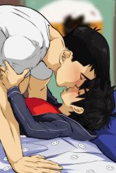  2boys age_difference ahoge artist_name bed big_hero_6 black_hair blue_hoodie blurry blurry_background brothers closed_eyes couple from_side hand_on_another&#039;s_arm highres hiro_hamada hood hood_down hoodie idoraad incest indoors kissing lying male_focus multiple_boys muscular muscular_male on_bed open_clothes open_hoodie pillow red_shirt saliva shirt short_hair short_sleeves siblings tadashi_hamada upper_body white_shirt yaoi 