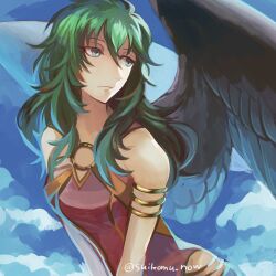  armlet bird_girl bird_wings black_hair blue_eyes breasts cleavage feathered_wings female fire_emblem fire_emblem:_radiant_dawn green_hair hair_between_eyes jewelry long_face long_hair messy_hair o-ring o-ring_top solo suikomu_now vika_(fire_emblem) wings 