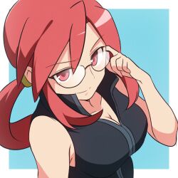  bare_shoulders black_shirt breasts cleavage closed_mouth curakuru female glasses large_breasts long_hair looking_at_viewer lorelei_(pokemon) pokemon pokemon_frlg red_eyes red_hair shirt sleeveless sleeveless_shirt smile solo upper_body 