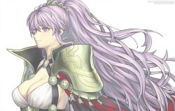  armor breasts cape cleavage commission dress earrings female fire_emblem fire_emblem:_genealogy_of_the_holy_war fire_emblem_heroes gofelem hair_ornament ishtar_(fire_emblem) ishtar_(resplendent)_(fire_emblem) jewelry large_breasts long_hair looking_to_the_side official_alternate_costume ponytail purple_eyes purple_hair red_cape shoulder_armor smile solo upper_body very_long_hair white_dress 