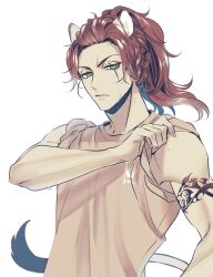  1boy alternate_hairstyle animal_ears arm_tattoo brown_hair commentary_request green_eyes highres leona_kingscholar lion_boy lion_ears lion_tail long_hair looking_at_viewer male_focus ponytail redrabbit44 scar scar_across_eye shirt simple_background sleeves_pushed_up slit_pupils solo sweat tail tattoo twisted_wonderland upper_body white_background 