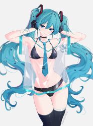  absurdres aqua_eyes aqua_hair aqua_necktie armpits bikini black_bikini black_choker black_gloves black_thighhighs breasts choker covered_navel feint721 female gloves hatsune_miku highres long_hair navel necktie see-through see-through_shirt shirt small_breasts smile solo swimsuit thighhighs thighs twintails twitter_username vocaloid 