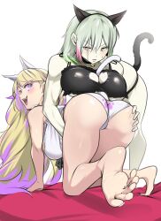  all_fours animal_ears aoi_takeru ass bare_shoulders bikini black_bikini blonde_hair breasts cat_cutout cat_ears cat_tail cleavage_cutout clothing_cutout diabellstar_the_black_witch diabellze_the_original_sinkeeper duel_monster green_hair grey_hair highres large_breasts long_hair medium_hair multicolored_hair purple_hair red_hair simple_background swimsuit tail two-tone_hair white_background white_bikini yu-gi-oh! 