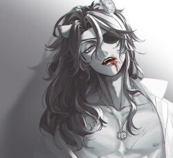  1boy animal_ears blood blood_on_face commentary_request eyepatch fangs gradient_background grey_background highres jewelry leona_kingscholar lion_boy lion_ears long_hair looking_at_viewer male_focus necklace nipples open_clothes open_shirt redrabbit44 scar scar_across_eye simple_background slit_pupils solo twisted_wonderland upper_body 