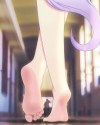  1boy barefoot blurry blurry_background close-up crossed_ankles feet felleo105 female foot_focus heel_up highres indoors mejiro_mcqueen_(umamusume) out_of_frame soles toes umamusume wooden_floor 