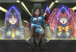  absurdres alternate_costume bow bowtie breasts brown_hair chun-li cleavage corruption dark_persona double_bun dress drill_hair enero garrison_cap gloves hair_bun hat headset highres leebigtree leotard long_hair marz_(street_fighter) mind_control necktie pink_hair pointing pointing_up purple_eyes red_eyes red_gloves ribbed_leotard shadaloo_dolls smile street_fighter thick_thighs thighs turtleneck 