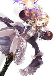  :d atelier_(series) atelier_questboard atelier_rorona black_coat black_footwear blonde_hair blue_bow blue_eyes boots bow coat corset cuderia_von_feuerbach dress dutch_angle female firing frilled_dress frills glowing gun hairbow holding holding_gun holding_weapon jewelry long_hair long_sleeves looking_at_viewer necklace official_art open_mouth pantyhose second-party_source smile solo two_side_up weapon white_background white_pantyhose 