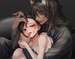  1boy animal_ear_fluff animal_ears black_hair braid brown_eyes brown_hair commentary_request female finger_to_another&#039;s_mouth green_eyes leona_kingscholar licking_lips lion_boy lion_ears lipstick lipstick_mark lipstick_mark_on_face long_hair looking_at_another looking_at_viewer makeup red_lips redrabbit44 scar scar_across_eye short_hair sitting slit_pupils tongue tongue_out twin_braids twisted_wonderland yuu_(twisted_wonderland) 