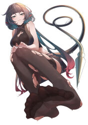  absurdres animal_ears bare_shoulders black_hair black_pantyhose black_shorts breasts chan_sang feet female foot_focus from_below green_eyes green_hair highres jane_doe_(zenless_zone_zero) large_breasts legs long_hair long_tail looking_at_viewer mouse_ears mouse_girl mouse_tail multicolored_hair necktie no_shoes pantyhose red_hair sharp_tail shorts sitting smile soles solo tail thighhighs toes torn_clothes torn_pantyhose torn_thighhighs two-tone_necktie zenless_zone_zero 