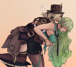  2girls bent_over black_choker black_necktie black_skirt boots breasts brown_footwear brown_hair brown_hat choker closed_mouth commentary earrings english_commentary farcicalhelix green_shirt hair_intakes half_up_braid hat heart highres honkai_(series) honkai_impact_3rd jewelry kissing kissing_neck large_breasts long_hair long_sleeves loose_necktie mobius_(honkai_impact) multiple_girls necktie pantyhose pencil_skirt shirt skirt smile spoken_heart thigh_boots top_hat vill-v wavy_hair yuri 