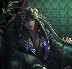  1boy animal_ears black_robe braid chaise_longue commentary_request fangs green_background green_eyes green_hair highres indoors leona_kingscholar lion_boy lion_ears long_hair looking_at_viewer male_focus night_raven_college_ceremonial_robes redrabbit44 robe scar scar_across_eye sitting slit_pupils solo twin_braids twisted_wonderland upper_body 