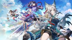  1boy 2girls aqua_eyes bare_shoulders black_dress black_hair black_shorts blue_sky breasts cloud day dress feixiao_(honkai:_star_rail) grey_hair highres holding holding_sword holding_weapon honkai:_star_rail honkai_(series) hood lingsha_(honkai:_star_rail) long_hair medium_breasts moze_(honkai:_star_rail) multiple_girls official_art outdoors pants purple_pants purple_shirt reverse_grip shirt shorts sky sword very_long_hair weapon 