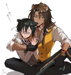  1boy animal_ears biting black_hair braid brown_hair cat_ears cat_girl cat_tail commentary_request ear_biting fangs feet_out_of_frame female green_eyes highres holding_another&#039;s_tail kemonomimi_mode leona_kingscholar lion_boy lion_ears lion_tail long_hair night_raven_college_uniform redrabbit44 reverse_trap scar scar_across_eye school_uniform short_hair simple_background sitting sitting_on_lap sitting_on_person slit_pupils tail translation_request twin_braids twisted_wonderland vest white_background yuu_(twisted_wonderland) 