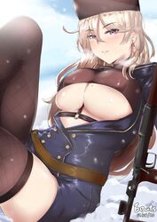  1girls blonde_hair cleavage coat earrings female girls&#039;_frontline hat hbeats jewelry large_breasts long_hair looking_at_viewer mole mole_on_breast mole_under_eye outdoors ptrd_(girls&#039;_frontline) purple_eyes ranged_weapon rifle snow solo thighhighs underboob weapon 