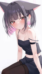  absurdres animal_ears bare_shoulders black_camisole black_hair black_pantyhose black_shorts blue_archive blunt_bangs blush breasts camisole cat_ears cat_girl cleavage colored_inner_hair female halo highres kazusa_(blue_archive) looking_at_viewer midriff multicolored_hair navel pantyhose pink_hair pink_halo red_eyes shorts simple_background sitting solo sweat wendao white_background 