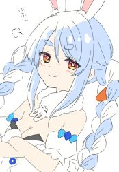  :3 animal_ear_fluff animal_ears bare_shoulders black_leotard blue_hair blush bow braid breasts brown_eyes carrot_hair_ornament cleavage closed_mouth crossed_arms detached_sleeves don-chan_(usada_pekora) dress female food-themed_hair_ornament fur_trim hair_between_eyes hair_ornament hairbow highres hololive kiritoma leotard looking_at_viewer medium_breasts multicolored_hair puffy_short_sleeves puffy_sleeves rabbit-shaped_pupils rabbit_ears short_eyebrows short_sleeves simple_background smug solo strapless strapless_dress strapless_leotard symbol-shaped_pupils thick_eyebrows translation_request twin_braids twintails two-tone_hair upper_body usada_pekora usada_pekora_(1st_costume) white_background white_bow white_dress white_hair white_sleeves 