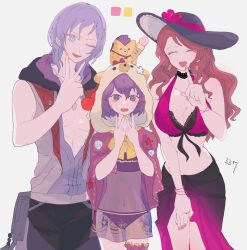  1boy 2girls animal_hood bear_hood bernadetta_von_varley bernadetta_von_varley_(summer) bikini black_bikini black_sarong blush breasts brown_bikini brown_hair choker cleavage closed_eyes dorothea_arnault dorothea_arnault_(summer) double_v earrings fire_emblem fire_emblem:_three_houses fire_emblem_heroes flat_chest flower gradient_sarong hat hat_flower hibiscus highres hood hooded_vest hoodie jewelry large_breasts long_hair looking_at_viewer male_swimwear medium_hair midriff multicolored_bikini multiple_girls nail_polish navel off-shoulder_bikini off_shoulder official_alternate_costume one_eye_closed open_mouth pendant pink_bikini purple_bikini purple_eyes purple_hair sarong sasaki_(dkenpisss) see-through_clothes short_hair simple_background smile stomach sun_hat swim_trunks swimsuit two-tone_bikini v v-shaped_eyebrows vest yuri_leclerc yuri_leclerc_(summer) 