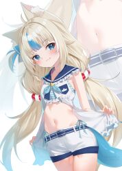  :3 absurdres animal_ear_fluff animal_ears bikini bikini_under_clothes blonde_hair blue_bikini blue_eyes blue_hair blue_sailor_collar blush breasts cat_ears closed_mouth commentary dress english_commentary female fins fish_girl fish_tail frilled_bikini frilled_dress frilled_sailor_collar frills halterneck highleg highleg_bikini highres indie_virtual_youtuber lifebuoy_hair_ornament lightenbee long_hair looking_at_viewer low_twintails multicolored_hair navel one_side_up open_clothes open_dress sailor_collar sailor_dress sameko_saba short_shorts shorts side-tie_bikini_bottom simple_background small_breasts streaked_hair striped_bikini striped_clothes swimsuit tail twintails very_long_hair virtual_youtuber white_background white_dress white_shorts zoom_layer 