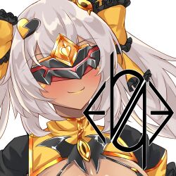  blush bow breasts cleavage closed_mouth corruption covered_eyes dark-skinned_female dark_persona dark_skin duel_monster eye_mask female gears girls&#039;_frontline grey_hair hair_ornament hairbow highres large_breasts logia13laplace logo long_hair mask simple_background slave smile solo ts_magical_girl_nao twintails ump9_(girls&#039;_frontline) upper_body variant_set virtual_youtuber white_background 