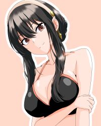  absurdres arm_under_breasts bare_shoulders bikini black_bikini black_hair breasts cleavage closed_mouth collarbone commentary_request death_moa earrings female gold_earrings hairband halterneck highres jewelry large_breasts long_hair long_sidelocks looking_at_viewer red_eyes sidelocks simple_background smile solo spy_x_family swimsuit upper_body white_hairband yor_briar 