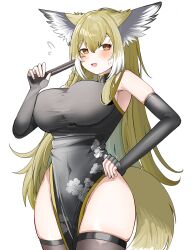  :d absurdres animal_ear_fluff animal_ears arknights bare_shoulders black_dress blush breasts brown_eyes brown_hair brown_thighhighs covered_navel dress elbow_gloves female fingerless_gloves flying_sweatdrops folded_fan folding_fan fox_ears fox_girl fox_tail gloves grey_gloves hair_between_eyes hand_fan hand_on_own_hip highres holding holding_fan large_breasts long_hair pelvic_curtain simple_background skindentation sleeveless sleeveless_dress smile solo spam_(spamham4506) sweat tail thighhighs very_long_hair vulpisfoglia_(arknights) white_background 