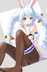  animal_ear_fluff animal_ears bare_shoulders black_leotard blue_hair bow braid breasts brown_pantyhose carrot_hair_ornament cleavage closed_mouth collarbone commentary detached_sleeves don-chan_(usada_pekora) dress female food-themed_hair_ornament grey_background hair_ornament hairbow highres hololive kiritoma knees_up leotard multicolored_hair no_shoes orange_eyes pantyhose puffy_short_sleeves puffy_sleeves rabbit-shaped_pupils rabbit_ears short_sleeves small_breasts solo strapless strapless_dress strapless_leotard symbol-shaped_pupils twin_braids twintails two-tone_background two-tone_hair usada_pekora usada_pekora_(1st_costume) virtual_youtuber white_background white_bow white_dress white_hair white_sleeves 