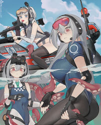  as_val assault_rifle bare_shoulders black_thighhighs breasts elbow_pads female goggles goggles_on_head grey_hair gun hair_between_eyes highres large_breasts long_hair obsidian117 original red_eyes rifle school_swimsuit swimsuit tentacle thighhighs thighs weapon 