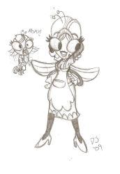  2009 antennae_(anatomy) arthropod breasts cleavage clothed clothing dialogue disney dress duo dustindemon english_text female fly_(animal) flying frieda_pesky gloves hair hand_on_hip handwear insects maggie_pesky mature_female monochrome mother_(lore) mother_and_child_(lore) multi_arm multi_limb non-mammal_breasts parent_(lore) parent_and_child_(lore) shocked simple_background smile standing text the_buzz_on_maggie white_clothing white_gloves white_handwear wings 