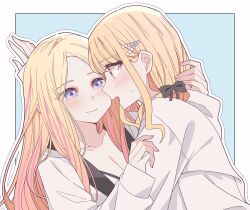  2girls black_bow blonde_hair blue_background blush border bow breasts cleavage closed_mouth commentary fujita_kotone gakuen_idolmaster hair_ornament hairbow hairclip highres hood hoodie idolmaster juo_sena kousaka_0v0 long_hair looking_at_another multicolored_hair multiple_girls oerba_yun_fang outline pink_hair purple_eyes simple_background skin_fang smile streaked_hair sweatdrop white_border white_hoodie white_outline yellow_eyes yuri 