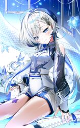  absurdres bare_shoulders blue_eyes boots breasts female hair_between_eyes hebi_(vtuber) highres indie_virtual_youtuber k0xxn long_hair looking_at_viewer small_breasts solo thighs white_boots white_hair 