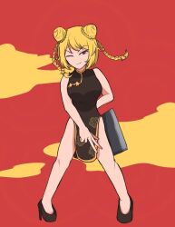  alternate_costume alternate_hairstyle black_dress black_shoes blonde_hair braid breasts bun_with_braided_base china_dress chinese_clothes cleaver closed_mouth commentary_request cookie_(touhou) double_bun dress female full_body hair_bun high_heels highres holding holding_cleaver kirisame_marisa looking_at_viewer medium_breasts nanariku one_eye_closed pelvic_curtain red_background red_eyes shoes short_hair simple_background sleeveless sleeveless_dress smile solo star_(symbol) suzu_(cookie) touhou twin_braids unusually_open_eyes v-shaped_eyebrows w 