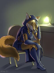  2025 3:4 anthro black_nose blonde_hair breasts canid canine cape chair closed_eyes clothed clothing female fox furniture hair hi_res hood jennifer_sherwood lamp mammal mitsene solo story_at_source wounded 