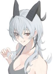 absurdres bags_under_eyes bare_shoulders black_horns breasts camisole cleavage curled_horns earrings female grey_camisole grey_hair hair_between_eyes haruhachiya highres horns jewelry long_hair looking_at_viewer mole mole_on_breast mole_under_eye playing_with_own_hair portrait red_eyes simple_background smile solo white_background wuthering_waves zani_(wuthering_waves) 