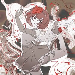  abstract_background angel_wings arched_back bare_shoulders brown_background brown_eyes brown_hair chill_(chill_meal) choker commentary_request cowboy_shot dancing dress elbow_gloves female flower footwear_flower gloves grey_choker grey_dress grey_gloves grey_shoes haiiro_no_kutsu_(vocaloid) hair_flower hair_ornament half-closed_eyes high_heels highres iyowa_girls leg_up looking_at_viewer red_flower red_rose rose shoes short_dress short_hair smile solo standing standing_on_one_leg strapless strapless_dress thighhighs white_thighhighs wings 