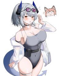  +++ 2girls :d ^_^ absurdres arknights bare_shoulders blush breasts brown_hair chibi chibi_inset cleavage closed_eyes collarbone covered_navel franka_(arknights) goggles goggles_on_head grey_hair grey_one-piece_swimsuit hair_between_eyes highres horns jacket large_breasts liskarm_(arknights) long_sleeves multiple_girls off_shoulder one-piece_swimsuit open_clothes open_jacket ponytail puffy_long_sleeves puffy_sleeves red_eyes see-through_clothes see-through_jacket simple_background smile solo_focus spam_(spamham4506) sweat swimsuit tail white_background white_jacket 