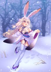  :d animal_ears bare_shoulders black_sandals blonde_hair blush breasts commentary_request fate/grand_order fate_(series) female full_body hairband highres japanese_clothes kimono leotard long_hair long_sleeves looking_to_the_side obi okobo okuribi open_mouth outdoors pink_hairband platform_sandals purple_leotard purple_sash rabbit_ears red_eyes ribbon-trimmed_thighhighs ribbon_trim sandals sash sidelocks sitonai_(fate) small_breasts smile snow solo standing standing_on_one_leg strapless strapless_leotard tabi thighhighs wa_bunny white_kimono white_thighhighs wide_sleeves winter 