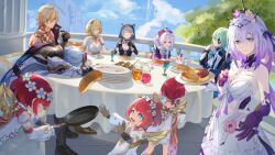  3boys 6+girls aglaea_(honkai:_star_rail) anaxa_(honkai:_star_rail) angel_wings animal_ears animal_hood aqua_eyes aqua_hair black_hairband black_tiara black_vest blonde_hair blue_eyes breasts castorice_(honkai:_star_rail) cat_ears cat_girl cat_hood chrysos_heirs_(honkai:_star_rail) cipher_(honkai:_star_rail) cleavage commentary_request cross-shaped_pupils dress elbow_gloves eyepatch flower food gloves green_hair grey_hair hair_flower hair_ornament hairband hat head_wreath highres holding_pan honkai:_star_rail honkai_(series) hood hyacine_(honkai:_star_rail) kumajyayo large_breasts laurel_crown little_ica_(honkai:_star_rail) long_hair looking_at_viewer male_focus multiple_boys multiple_girls mydei_(honkai:_star_rail) open_mouth phainon_(honkai:_star_rail) pink_hair plate purple_eyes purple_gloves purple_hair reaching reaching_towards_viewer red_hair red_hat red_tattoo short_hair sitting smile standing symbol-shaped_pupils table tiara trianne_(honkai:_star_rail) tribbie_(honkai:_star_rail) trinnon_(honkai:_star_rail) triplets twintails very_long_hair vest white_dress white_hair wings 